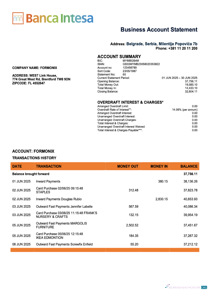 Download Serbian Banca Intesa enterprise account statement Word and PDF template Photoshop template